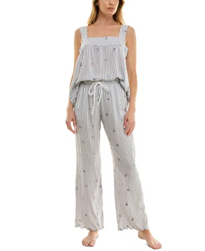 Roudelain Women's Embroidered Striped Pajama Set In Vertical Magazine Stripe