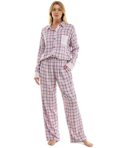 Roudelain Women's Flannel Collared Long-sleeve Shirt And Pant Pajama Set In Obie Plaid,twilight Pink