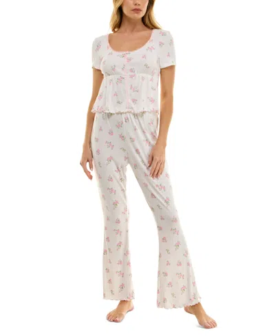 Roudelain Women's Flared Floral Ribbed Pajama Set In Rococo Floating Roses