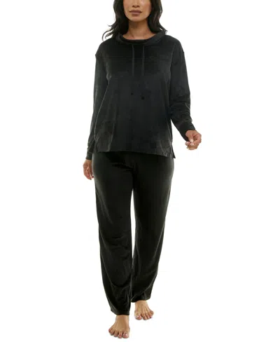 Roudelain Women's Long-sleeve Hooded Velour Pajama Set In Black 002