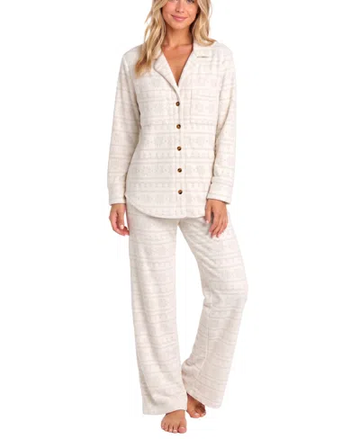 Roudelain Women's Long-sleeve Button-front Embossed Superspan Pajama Set In Neutral
