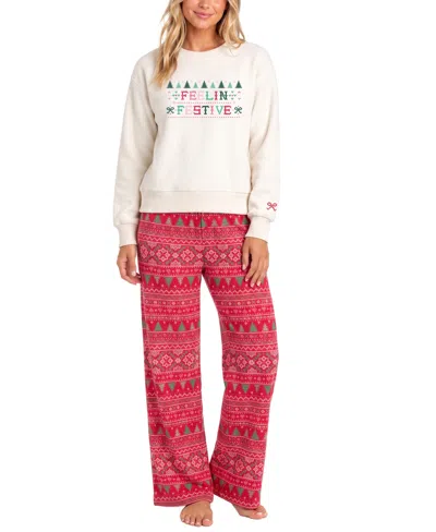 Roudelain Women's Long-sleeve Fleece Fair Isle Pajama Top And Pants, 2-piece Set In Neutral