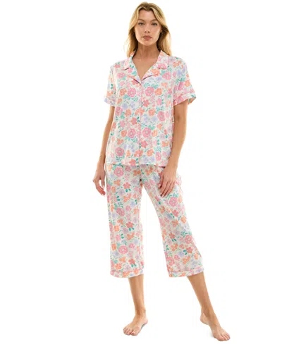 Roudelain Women's Notched-collar Cropped Pajama Set In Sketchy Pastel Floral White