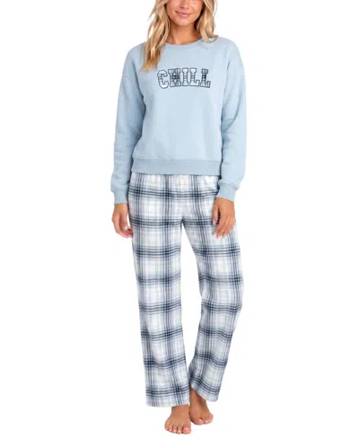 Roudelain Women's Plaid Flannel Top And Pants Pajama Set In Brighton Plaid,blue Finch