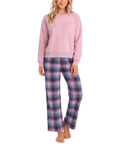 Roudelain Women's Plaid Flannel Top And Pants Pajama Set In Jewelry Plaid,twilight Pink Navy Blazar
