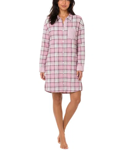 Roudelain Women's Plaid Long-sleeve Flannel Sleep Shirt In Obie Plaid,twilight Pink
