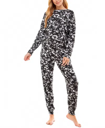 Roudelain Women's Printed Crew Neck And Jogger Pajama Set In White/ Black