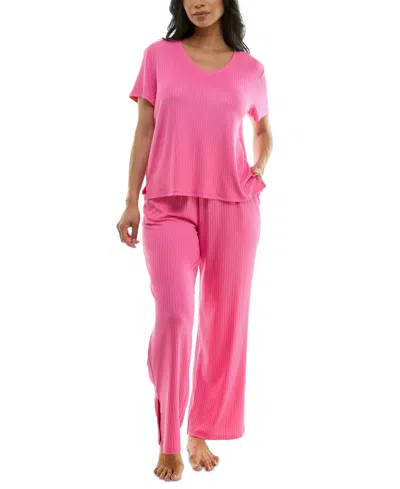 Roudelain Women's Ribbed Glitter-print Short-sleeve Pajama Set In Dark Pink