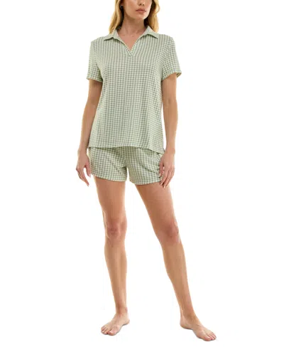 Roudelain Women's Short-sleeve Gingham Henley Pajama Set In Jenn Gingham Lily Pad