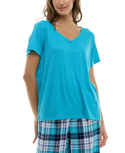 Roudelain Women's Short-sleeve Ribbed Henley Sleep Top In Maui Blue