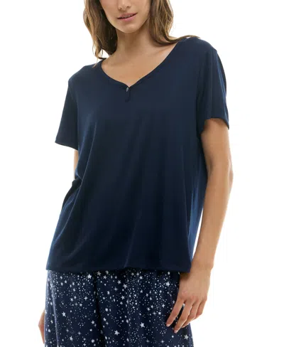 Roudelain Women's Short-sleeve Ribbed Henley Sleep Top In Peacoat