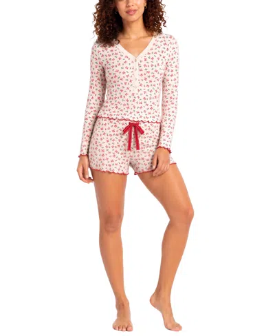 Roudelain Women's Wonderluxe Long-sleeve V-neck Top And Shorts, 2-piece Set In Multi