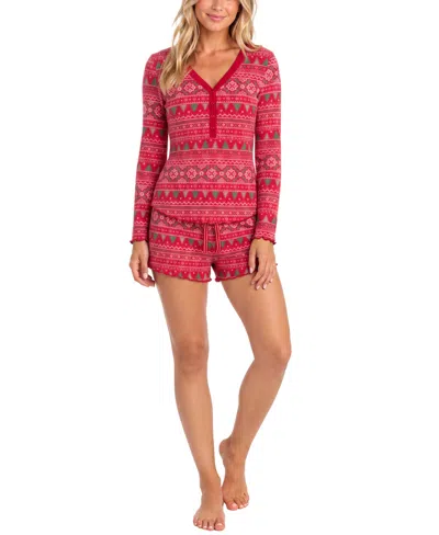 Roudelain Women's Wonderluxe Long-sleeve V-neck Top And Shorts, 2-piece Set In Red