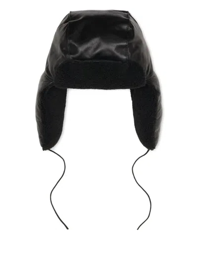 Rough Leather Earflap Beanie Hat In Black