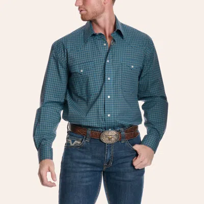 Rough Stock Men's Teal Geo Print Pearl Snap Western Shirt In Blue