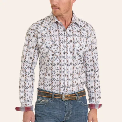 Rough Stock Men's White & Blue Aztec Stripe Print Long Sleeve Pearl Snap Western Shirt
