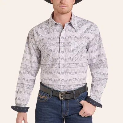 Rough Stock Panhandle Slim Men's  Gray Digital Aztec Print Long Sleeve Pearl Snap Western Shirt
