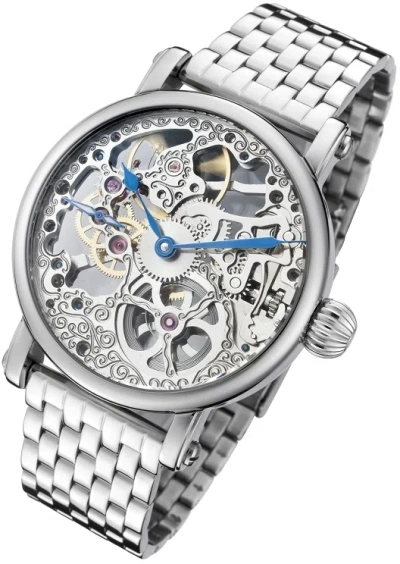Pre-owned Rougois Mechanical Skeleton Steel Watch