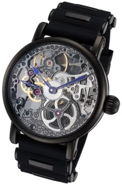 Pre-owned Rougois Tattoo Black Mechanical Skeleton Watch - Silicone Band