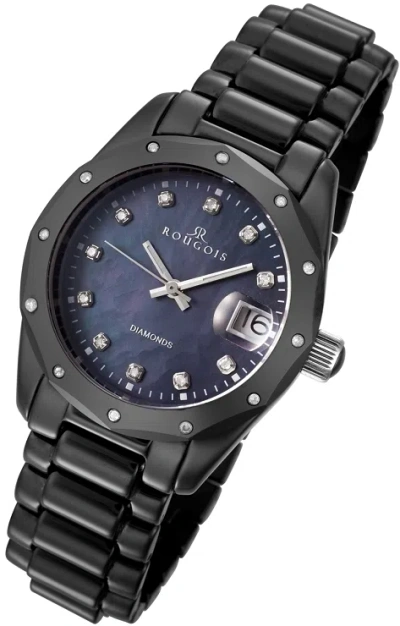 Pre-owned Rougois Watches Rougois Women's Black Ceramic Watch With 23 Genuine Diamonds And Mother Of Pearl