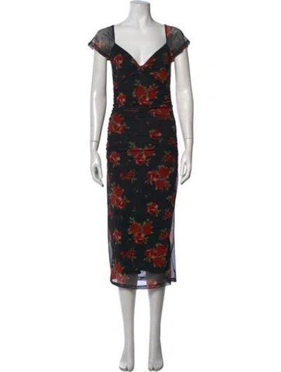 Pre-owned Rouje Floral Print Midi Length Dress In Black
