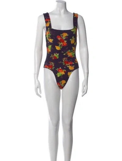 Pre-owned Rouje Floral Print Square Neckline Bodysuit In Blue
