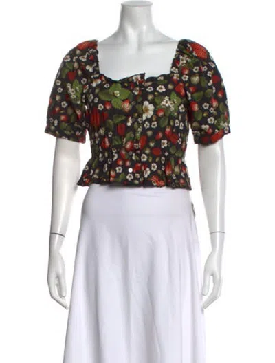 Pre-owned Rouje Floral Print Square Neckline Crop Top In Black