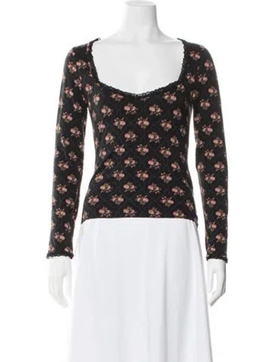 Pre-owned Rouje Floral Print Square Neckline Top In Black