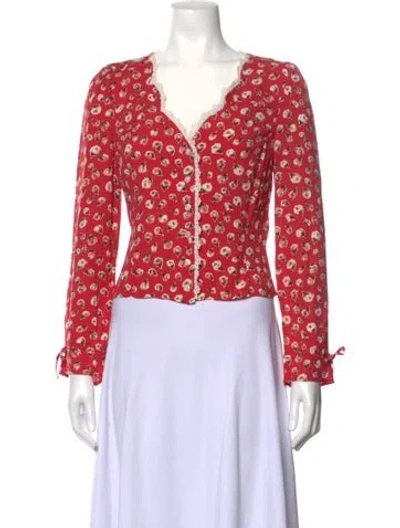 Pre-owned Rouje Floral Print V-neck Blouse In Red