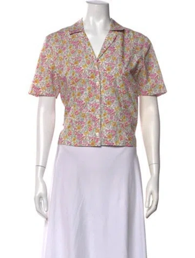 Pre-owned Rouje Floral Print V-neck Button-up Top In White