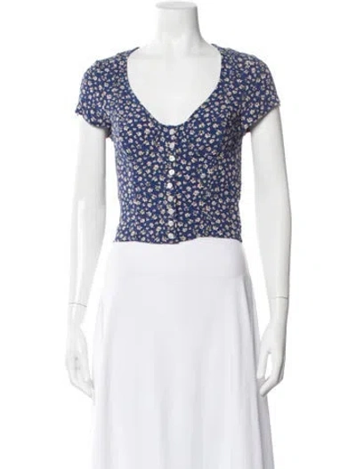 Pre-owned Rouje Floral Print V-neck Crop Top In Blue