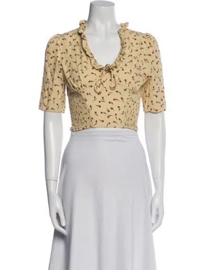 Pre-owned Rouje Floral Print V-neck Crop Top In Yellow