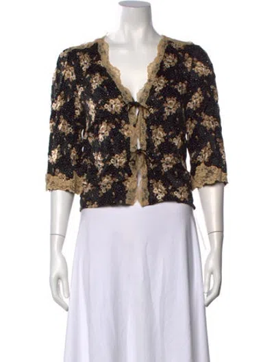Pre-owned Rouje Floral Print V-neck Top In Black