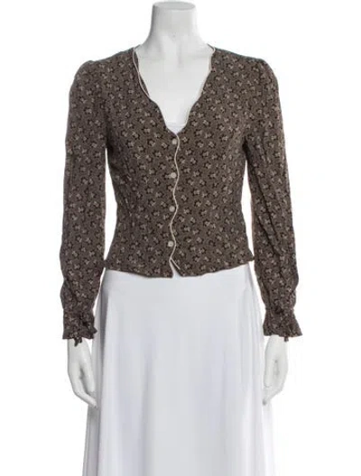 Pre-owned Rouje Floral Print V-neck Top In Brown