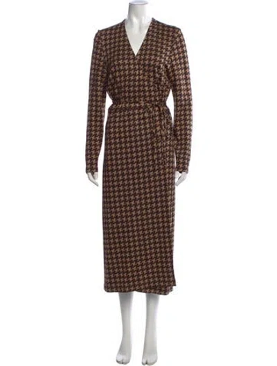 Pre-owned Rouje Houndstooth Print Long Dress In Brown