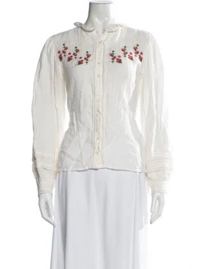Pre-owned Rouje Linen Floral Print Blouse In White