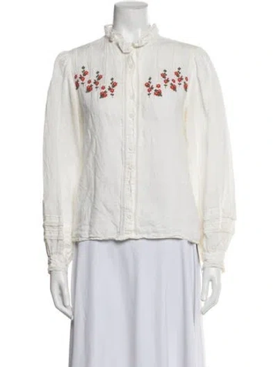 Pre-owned Rouje Linen Floral Print Blouse In White