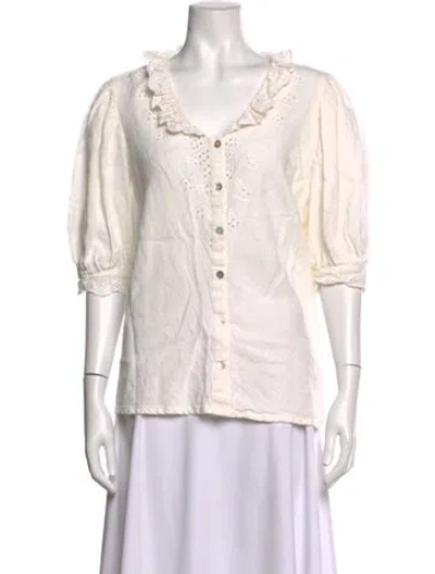 Pre-owned Rouje Linen V-neck Blouse In White