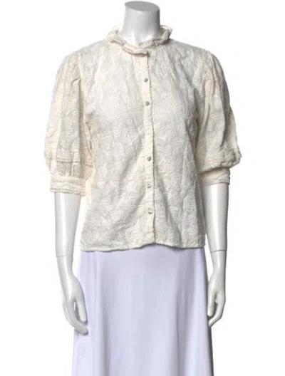 Pre-owned Rouje Mock Neck Three-quarter Sleeve Button-up Top In White