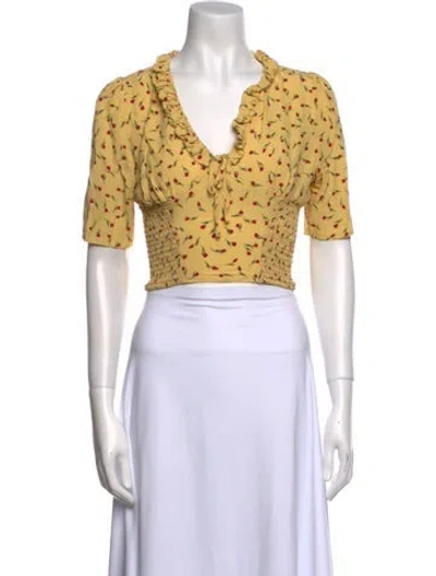 Pre-owned Rouje Printed V-neck Crop Top In Yellow