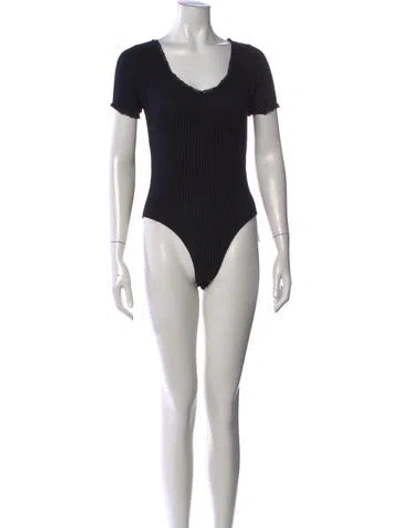 Pre-owned Rouje V-neck Short Sleeve Bodysuit In Black