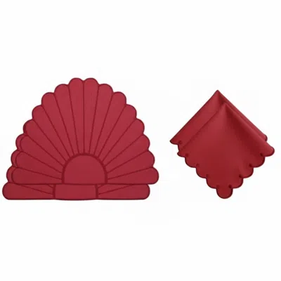 Roumélie Orientale Red Embroidered Seashell Placemat & Napkin Set Of Two