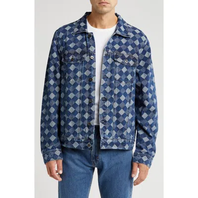 Round Two Diamond Jacquard Denim Trucker Jacket In Navy