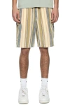 Round Two Ez Stripe Cotton Corduroy Shorts In Khaki Blue Stripe