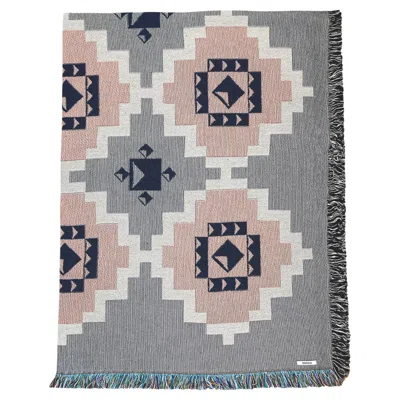 Pre-owned Rousseau Fringed Cotton Throw Blanket, Gray And Pink Coverlet Geometric Pattern, 54 X 72