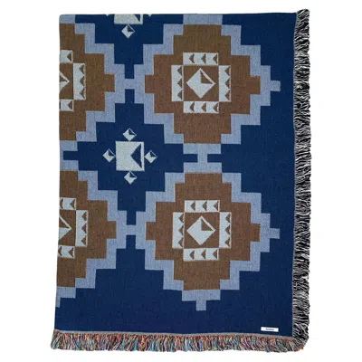 Pre-owned Rousseau Fringed Cotton Throw Blanket, Navy & Mustard Coverlet Geometric Pattern, 54 X 72 In Yellow