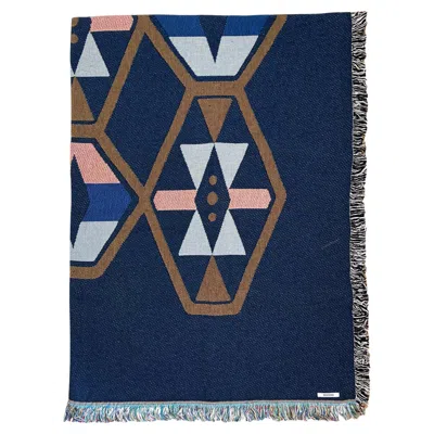 Pre-owned Rousseau Fringed Cotton Throw Blanket, Navy Blue Twilight Geometric Pattern, 54 X 72
