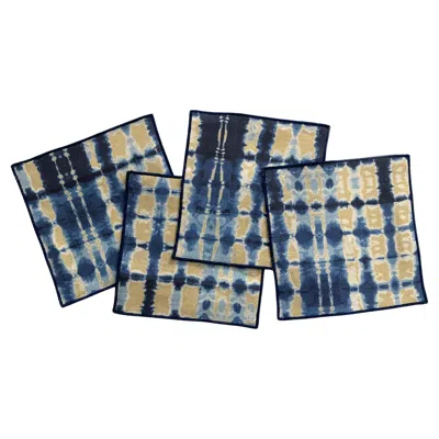 Pre-owned Rousseau Gold & Indigo Ripple Cocktail Napkins, Set Of Four In Blue