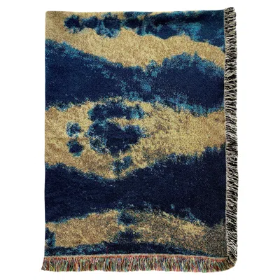 Pre-owned Rousseau Gold Yellow & Indigo Blue Pleat Abstract Pattern Fringed Throw Blanket, 54 X 72