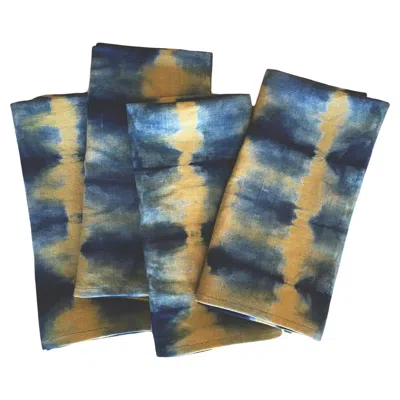 Pre-owned Rousseau Hand Dyed Linen Napkins, Gold & Indigo Blue, Set Of Four